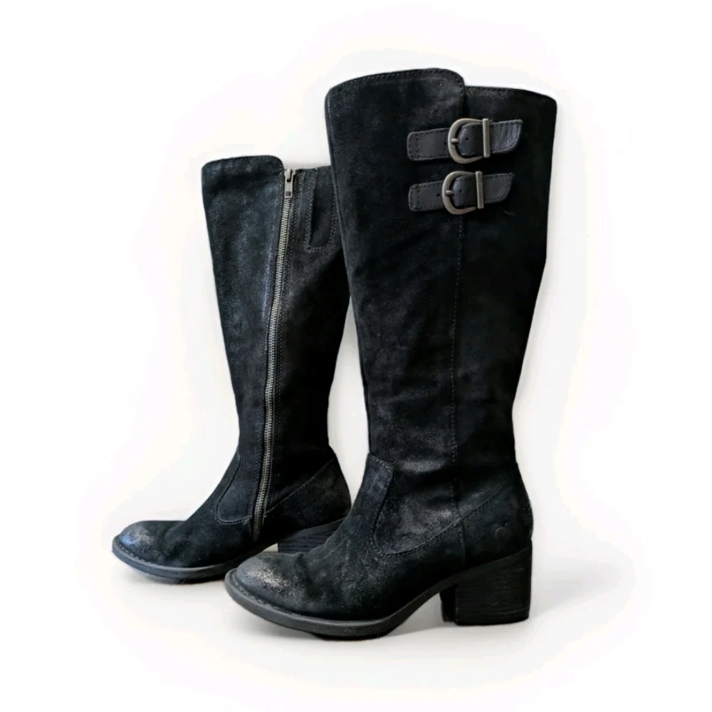 Born Womens‎ Basil Boots 6M Suede Leather Riding Black Western Lined Buckle Zip